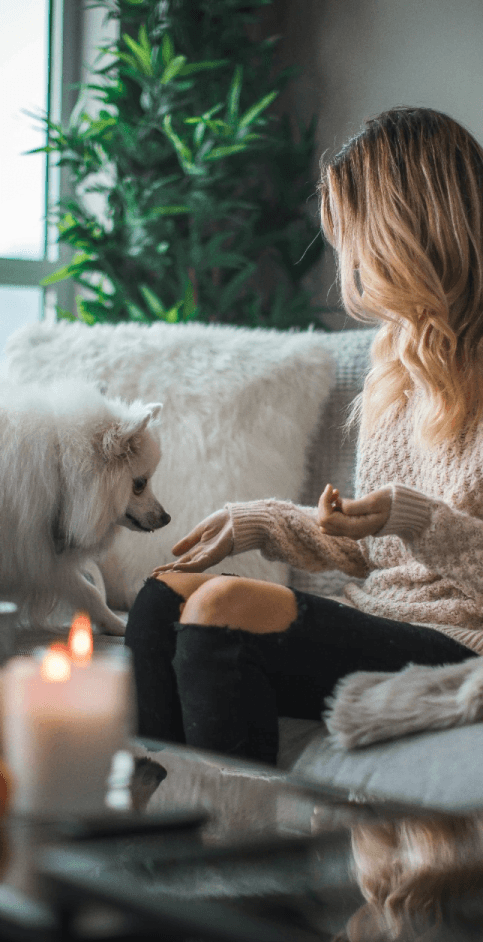 Kobieta w jasnym swetrze siedzi na sofie i bawi się białym psem, w tle rośliny doniczkowe i zapalone świece.