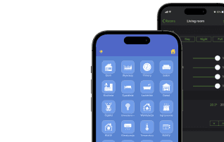 Dwa smartfony wyświetlające aplikacje do inteligentnego domu – jeden z ikonami różnych funkcji, drugi z suwakami do regulacji oświetlenia.