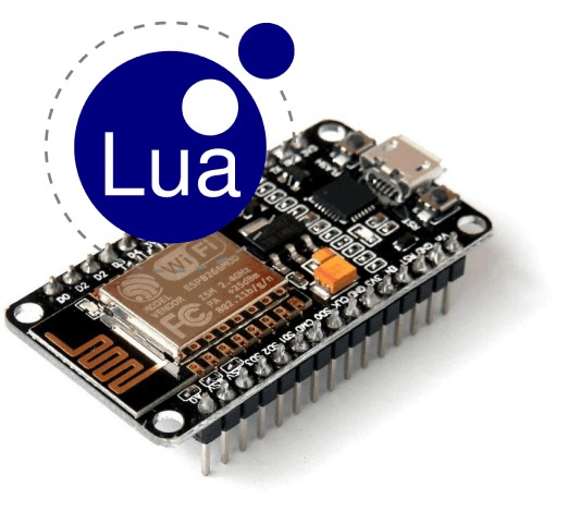 Elektroniczny moduł ESP8266 NodeMCU z portem micro USB i oznaczeniem Wi-Fi, z nałożonym logo języka programowania Lua.
