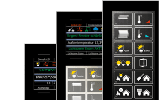 Kilka różnych paneli dotykowych LCN, wyświetlających kolorowe ikony funkcji, temperaturę oraz komunikaty o stanie automatyki budynku.