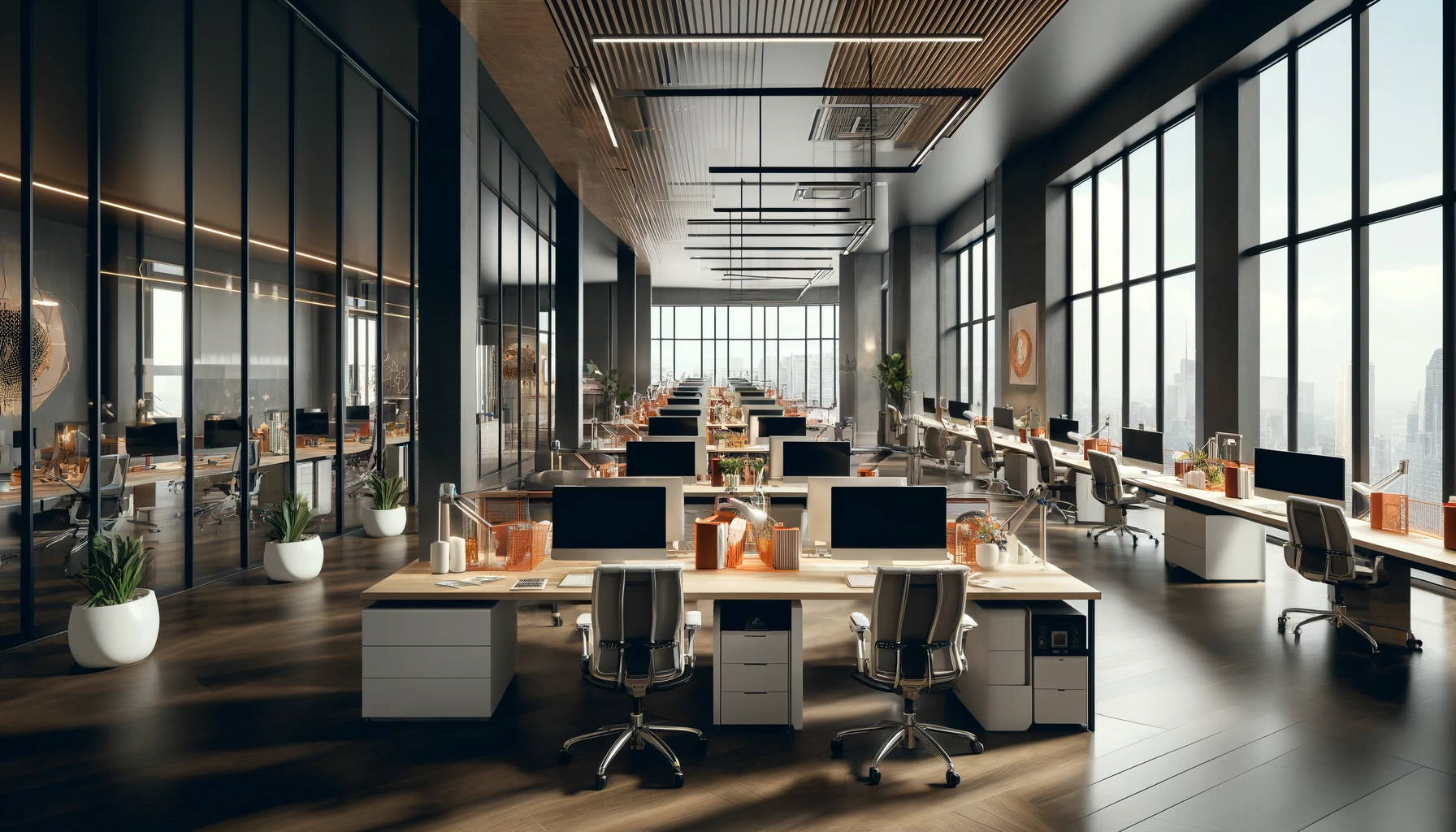 Przestronne, nowoczesne biuro typu open space z rzędami biurek, dużymi oknami i widokiem na miasto.