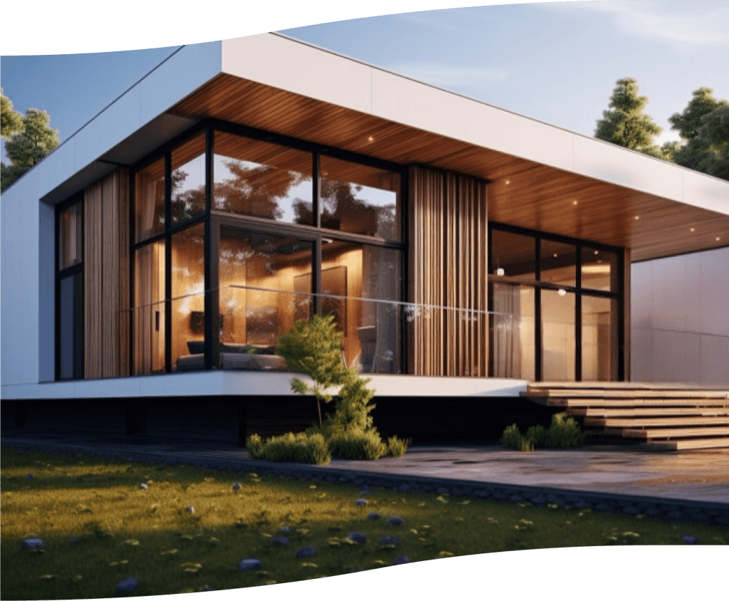 Nowoczesny dom o geometrycznej bryle, z dużymi przeszkleniami i drewnianymi elementami elewacji, otoczony zielenią.