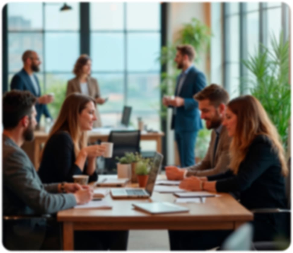 Grupa osób rozmawiających i pracujących w jasnym, nowoczesnym biurze z dużymi oknami, obraz lekko rozmyty.