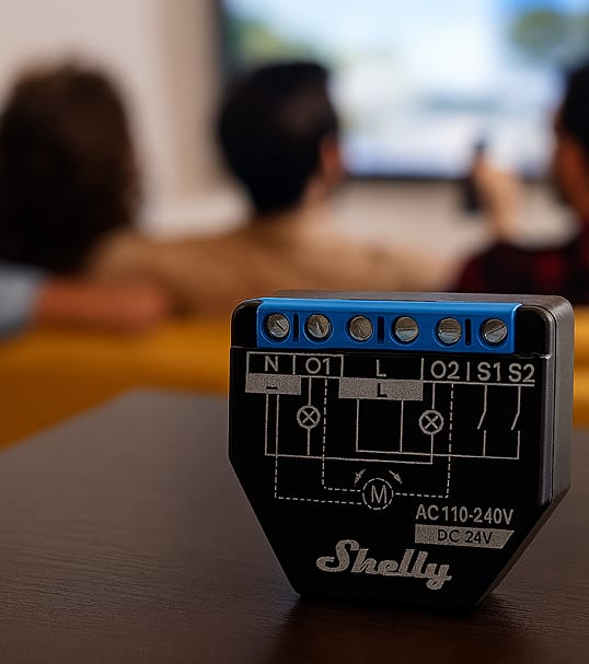 Moduł Shelly na stole, rozmyte postacie w tle.